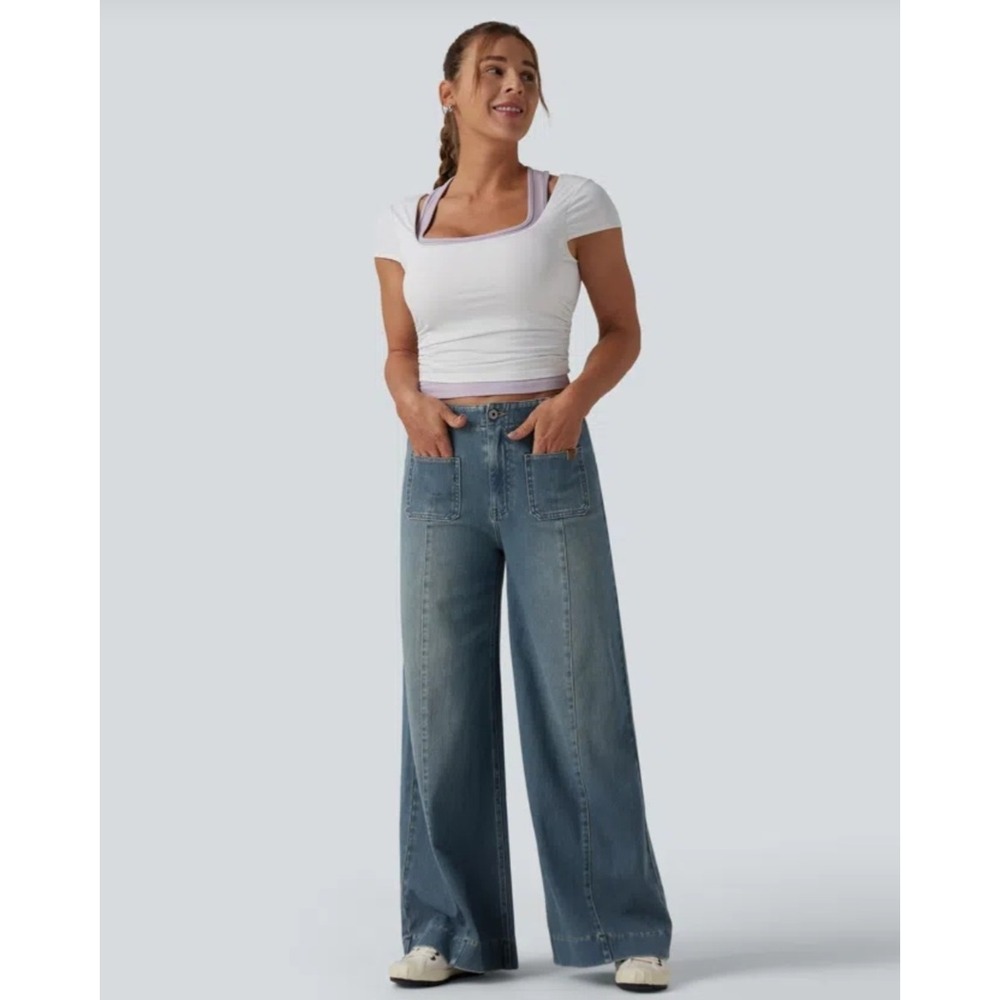 NWT Halara Flex High Waisted Pockets Washed Casual Wide Leg Jeans Small Regular